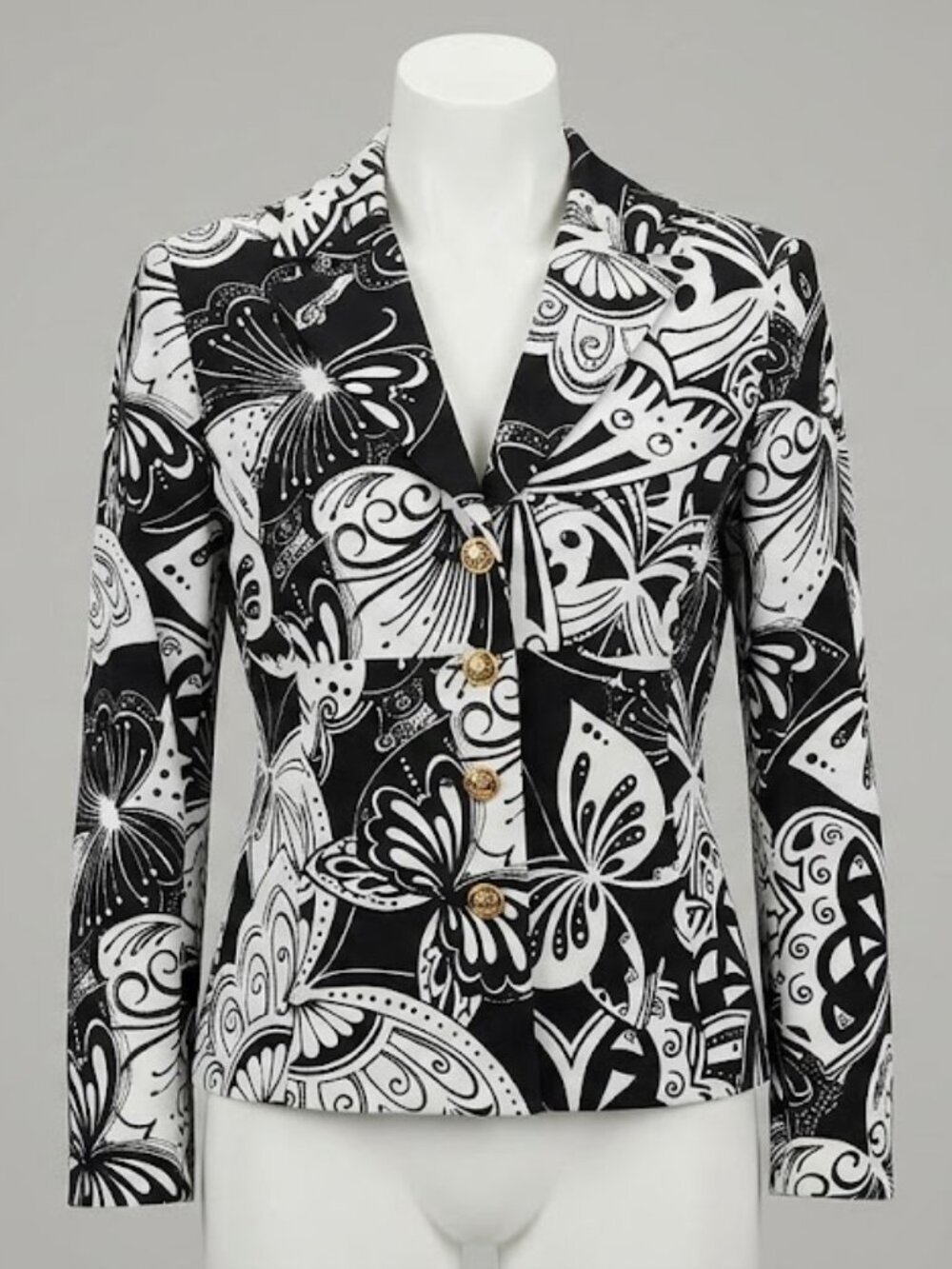 St. John Sport Marie Gray Black White Graphic Print Blazer Gold Buttons S